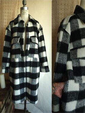 H&M Womens Coat, Black and White Buffalo Plaid Shacket with Pockets, Size M